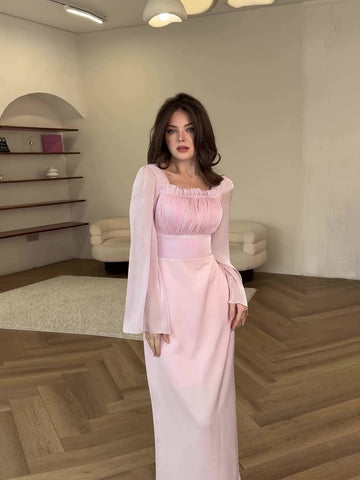 Woochic robe à manches longues col en U trapèze mercerisée rose S